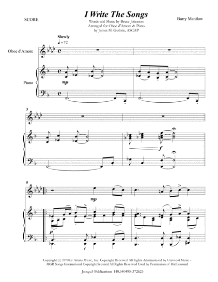 Free Sheet Music Barry Manilow I Write The Songs For Oboe D Amore Piano