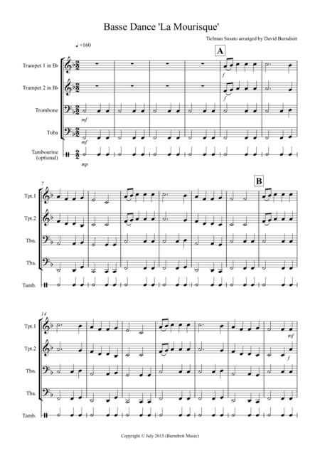 Free Sheet Music Basse Dance By Susato For Brass Quartet