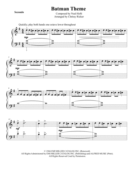Batman Theme Late Elementary Piano Duet Sheet Music