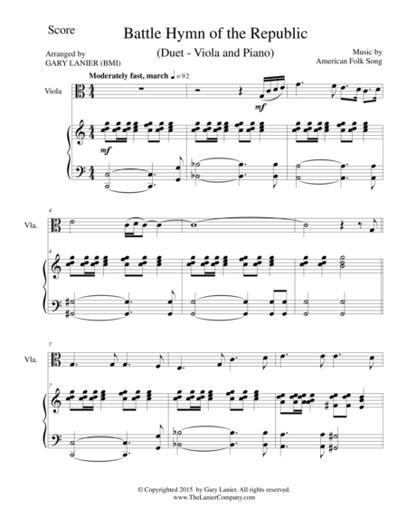 Free Sheet Music Battle Hymn Of The Republic Duet Viola And Piano Score And Parts