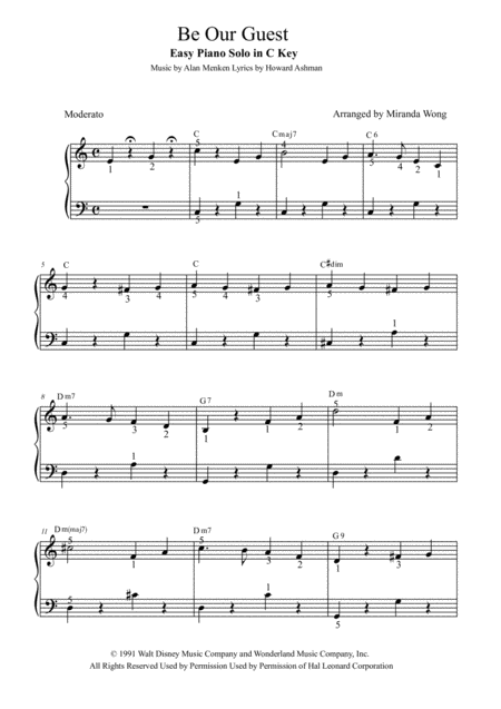 Free Sheet Music Be Our Guest Easy Piano Solo In C Key With Fingerings