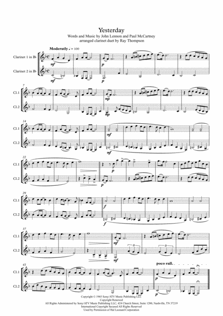 Beatles Yesterday Clarinet Duet Sheet Music