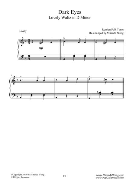 Free Sheet Music Beautiful Waltz In D Minor Dark Eyes Easy Piano Solo