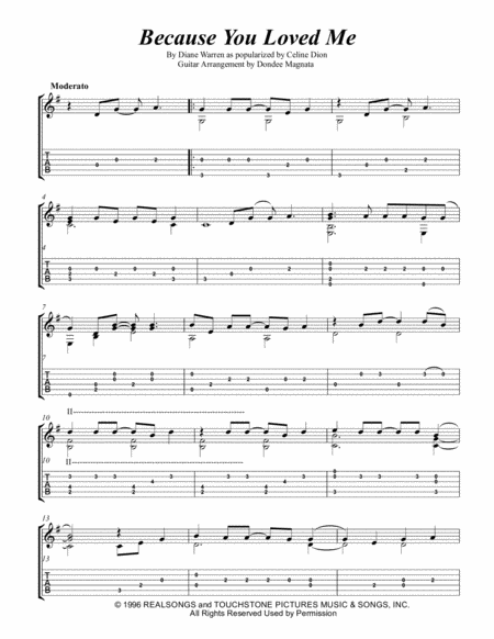 Because You Loved Me Fingerstyle Guitar Sheet Music