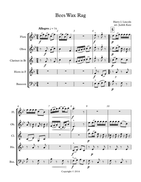 Bees Wax Rag For Woodwind Quintet Sheet Music