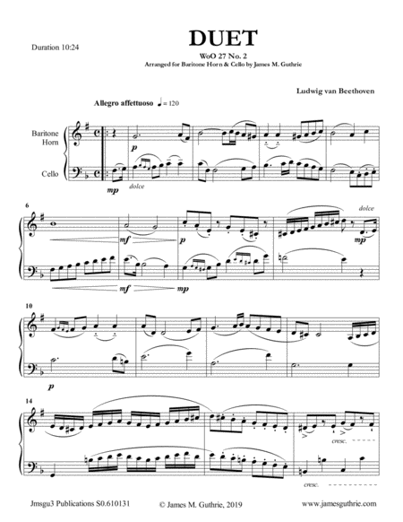 Beethoven Duet Woo 27 No 2 For Baritone Horn Cello Sheet Music