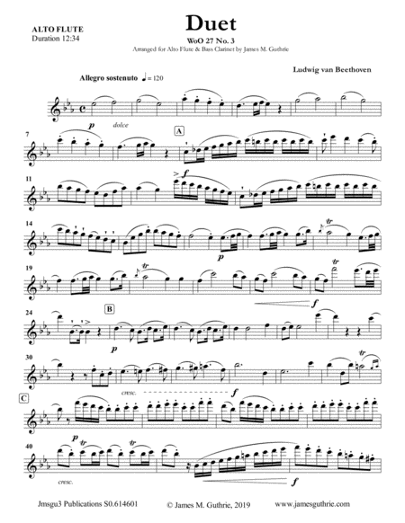 Free Sheet Music Beethoven Duet Woo 27 No 3 For Alto Flute Bass Clarinet
