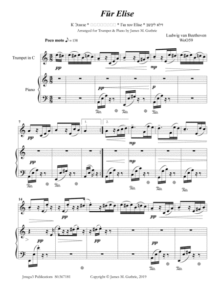 Free Sheet Music Beethoven Fr Elise For Trumpet Piano