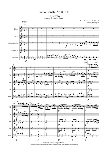 Beethoven Piano Sonata No 6 In F Major Op 10 No 2 Mvt Iii Presto Wind Quintet Sheet Music