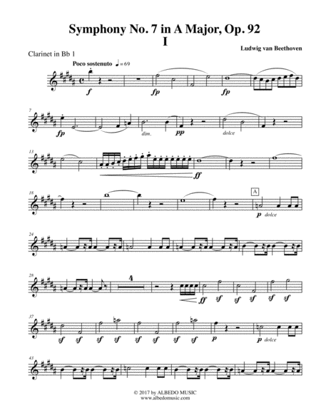 Free Sheet Music Beethoven Symphony No 7 Movement I Clarinet In Bb 1 Transposed Part Op 92