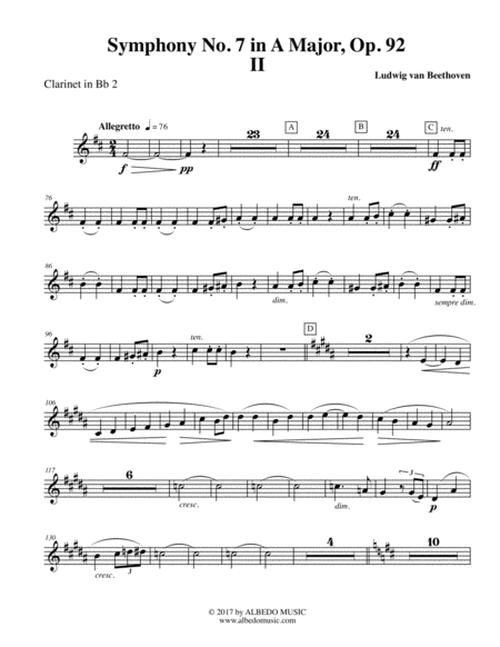 Free Sheet Music Beethoven Symphony No 7 Movement Ii Clarinet In Bb 2 Transposed Part Op 92