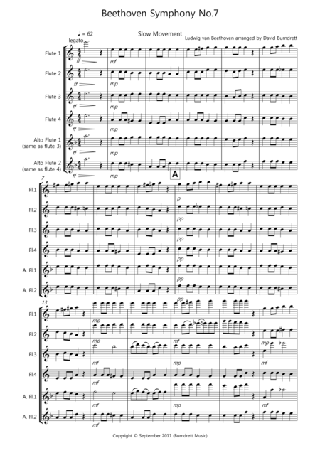 Free Sheet Music Beethoven Symphony No 7 Slow Movement For Flute Quartet