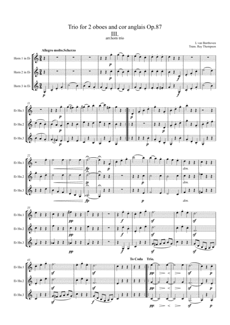 Beethoven Trio For 2 Oboes And Cor Anglais Op 87 Mvt 3 Menuetto And Trio Horn Trio Sheet Music