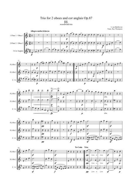 Beethoven Trio For 2 Oboes And Cor Anglais Op 87 Mvt 3 Menuetto And Trio Mixed Woodwind Trio Sheet Music