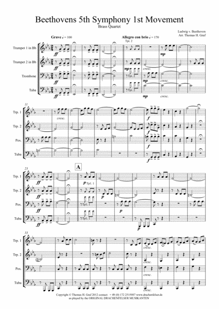 Beethovens 5th Symphony 1st Movement Brass Quartet Sheet Music