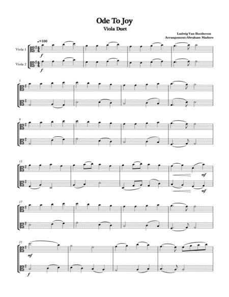 Beethovens Ode To Joy Viola Duet Sheet Music