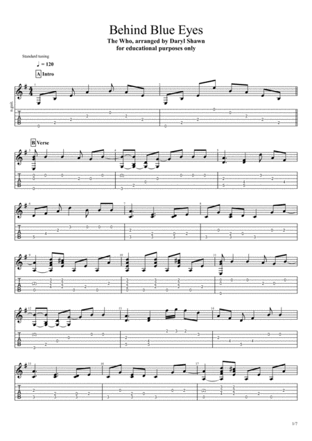 Behind Blue Eyes For Solo Fingerstyle Guitar Sheet Music