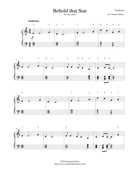 Behold That Star Up Yonder For Easy Piano Sheet Music