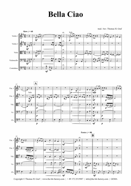 Bella Ciao Italian Classic String Orchestra Sheet Music