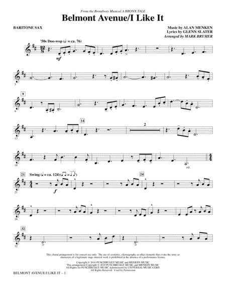 Belmont Avenue I Like It From A Bronx Tale Arr Mark Brymer Baritone Sax Sheet Music