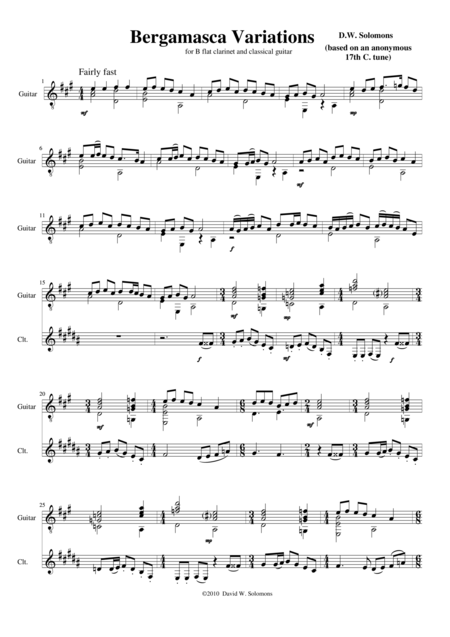 Bergamasca Variations For Clarinet And Guitar Sheet Music