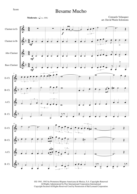 Free Sheet Music Besame Mucho For Clarinet Quartet E Flat B Flat Alto And Bass