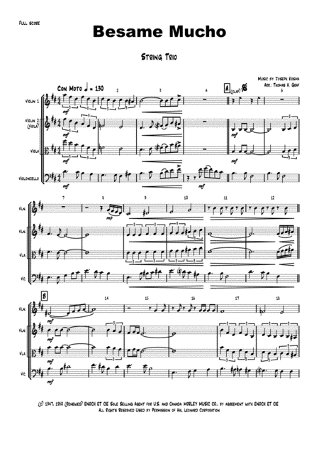 Besame Mucho Kiss Me A Lot World Famous Rumba String Trio Sheet Music