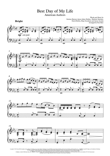 Free Sheet Music Best Day Of My Life Piano Solo