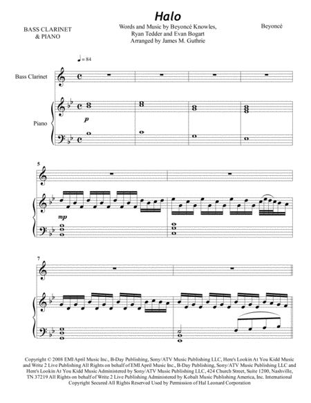 Free Sheet Music Beyonce Halo For Bass Clarinet Piano