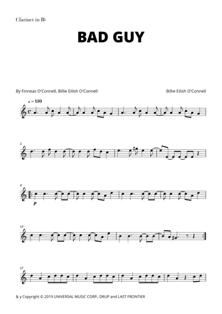 Free Sheet Music Billie Eilish Bad Guy For Clarinet In Bb