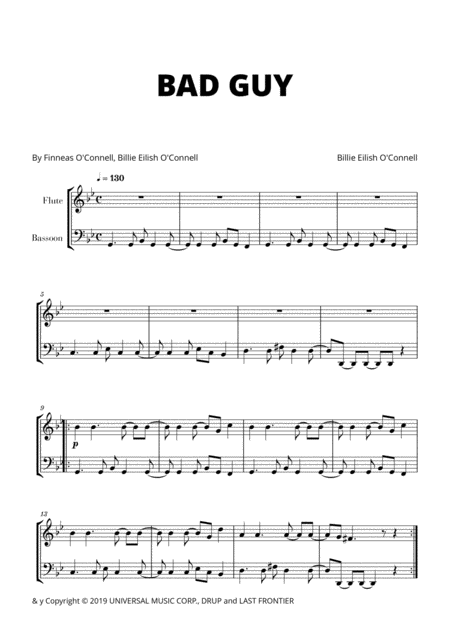 Billie Eilish Bad Guy For Flute And Bassoon Sheet Music