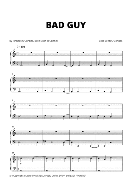 Billie Eilish Bad Guy Very Easy Beginner Piano C Major Sheet Music