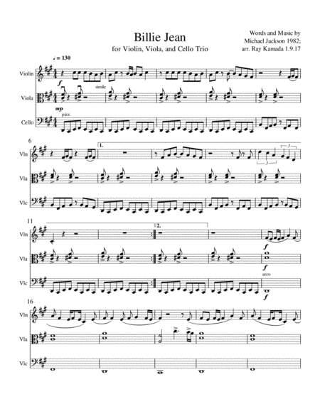 Billie Jean For Violin Viola Cello Trio Sheet Music