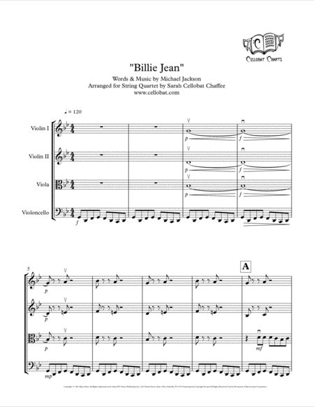 Billie Jean String Quartet Michael Jackson Arr Cellobat Recording Available Sheet Music