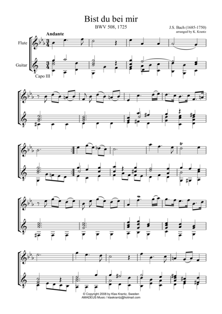 Bist Du Bei Mir Bwv 508 Eb Major For Flute And Guitar Sheet Music