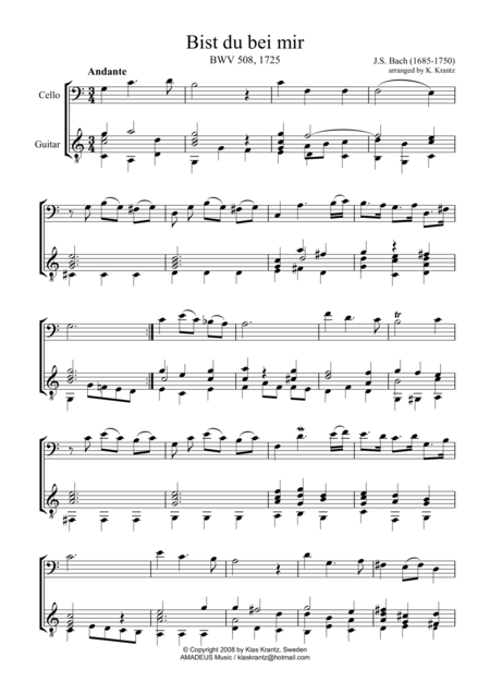 Free Sheet Music Bist Du Bei Mir Bwv 508 For Cello And Guitar