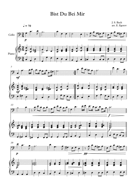 Free Sheet Music Bist Du Bei Mir Johann Sebastian Bach For Cello Piano