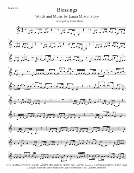 Free Sheet Music Blessings Easy Key Of C Tenor Sax