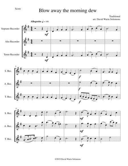 Free Sheet Music Blow Away The Morning Dew For Recorder Trio Soprano Alto Tenor