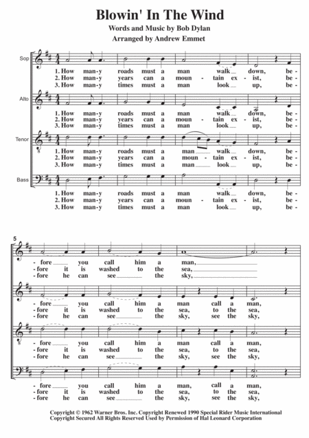 Blowing In The Wind A Cappella Sheet Music