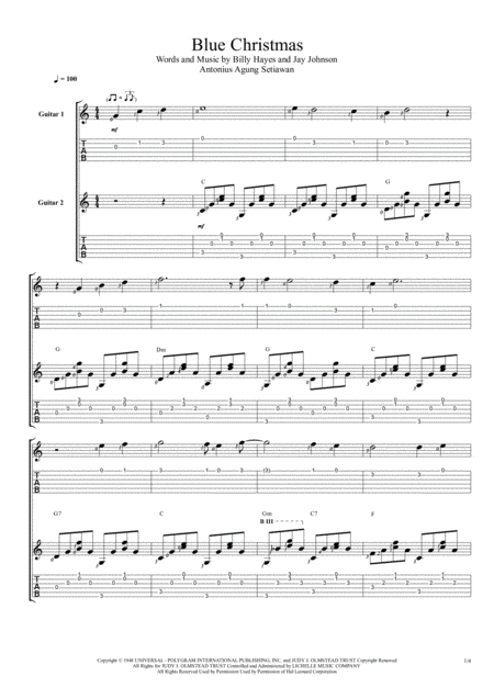 Blue Christmas Fingerstyle Guitar Duet Sheet Music