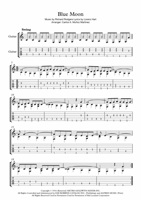 Blue Moon Elvis Presley Fingerstyle Easy Sheet Music