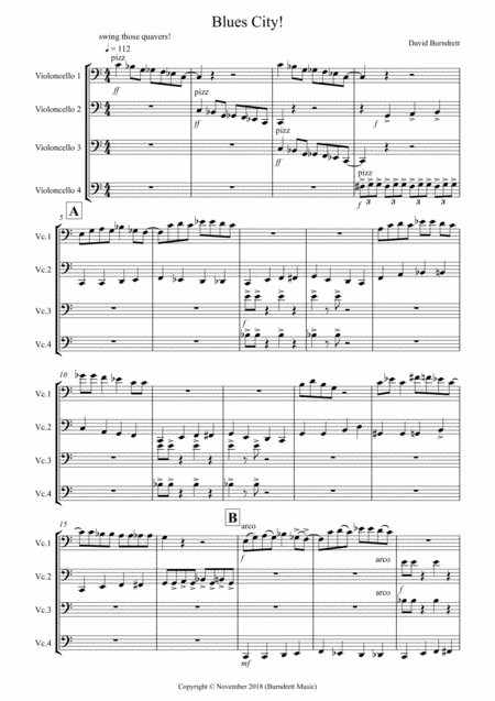 Free Sheet Music Blues City For Cello Quartet