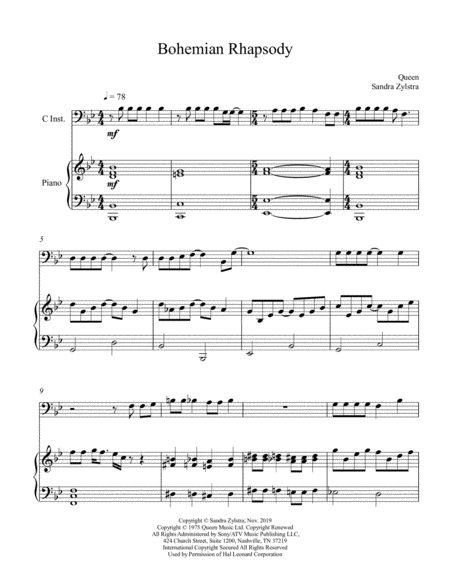 Bohemian Rhapsody Bass C Instrument Solo Sheet Music