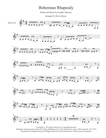 Bohemian Rhapsody Easy Key Of C Horn In F Sheet Music