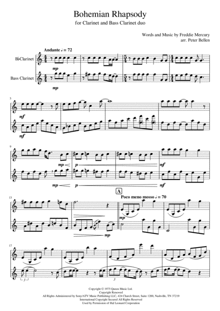 Bohemian Rhapsody For Clarinet And Bass Clarinet Sheet Music