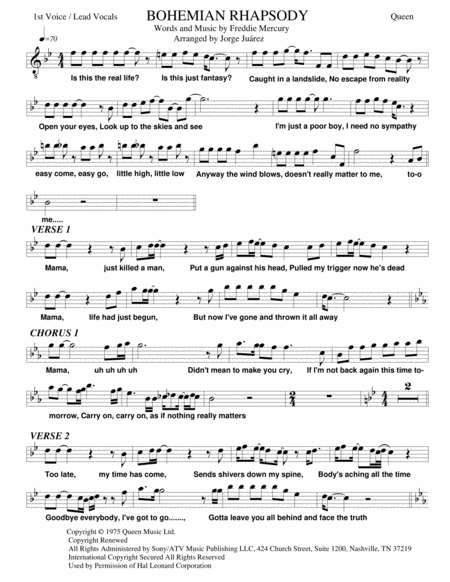 Free Sheet Music Bohemian Rhapsody Guitar Vocal Quartet Bass Drums