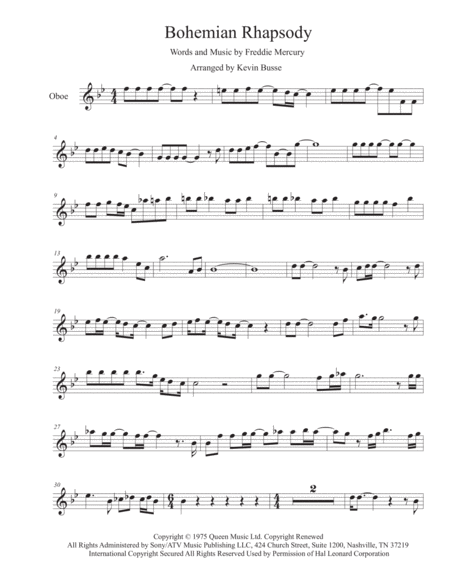 Free Sheet Music Bohemian Rhapsody Original Key Oboe