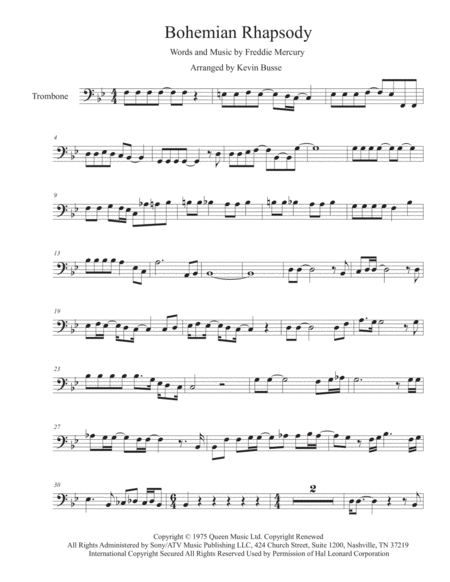 Free Sheet Music Bohemian Rhapsody Original Key Trombone