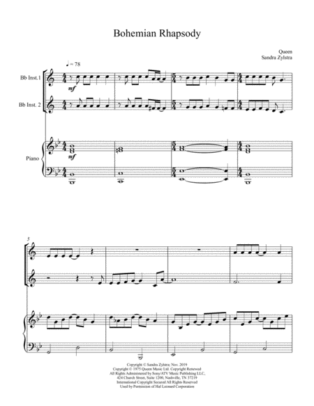 Bohemian Rhapsody Treble Bb Instrument Duet Sheet Music